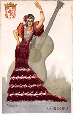 1951 Cordoba Embroidered Silk? Dancing Girl Guitar Artist Signed A. Ibarra PC