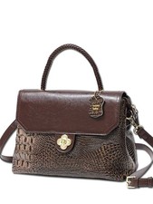 Mc Handbags #1022 Chestnut Croco Embossed 2 Tone Genuine Leather Flap Satchel