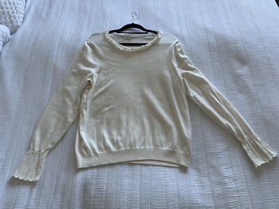 Lovely Boden Ivory Fine Knit Pointelle Frill Trim Jumper Size 20