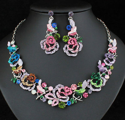 Bird & Rose Austrian Crystal Rhinestone Necklace Earrings Set Prom Bridal N920