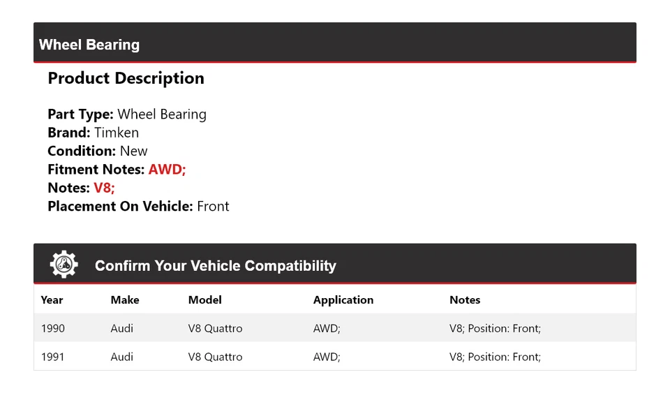 Cojinete de rueda delantero Timken para Audi V8 Quattro 1990-1991 AWD Foto 2 de 4
