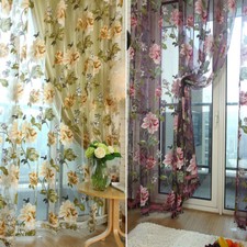 Floral Tulle Voile Sheer Curtain Door Window Drape Panel Scarf Valances Decor UK