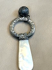 Antique Victorian Reposse 925 Silver Mother O Pearl Baby Rattle Teething Ring