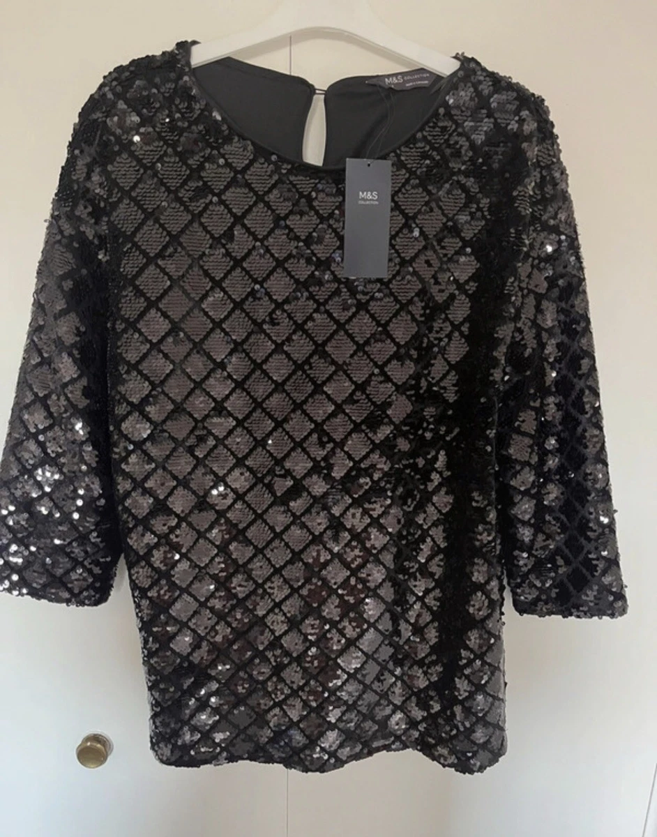 M S Black Sequin Party Top Size 8 eBay