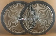 VINTAGE LOWRIDER 26" 144 SPOKE CHROME DAYTON RIM SET W/ BLACK BEACH BUM TIRES.