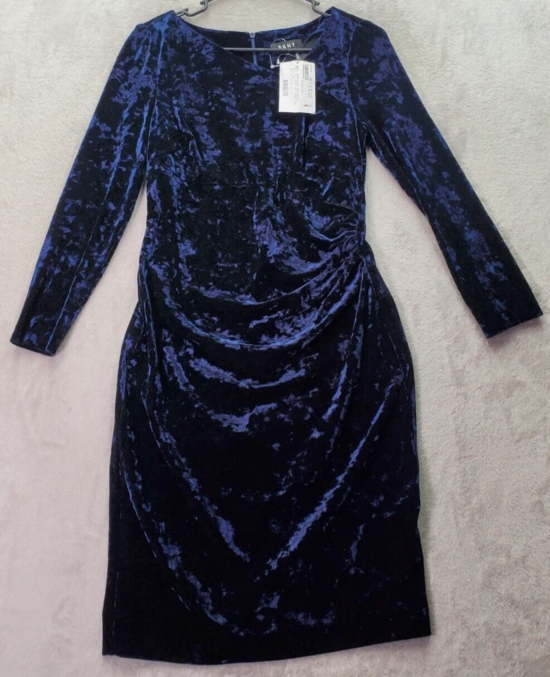 Платье-футляр женское DKNY 4 синее бархатное с длинным рукавом асимметричный вырез сзади молния - Изображение 3 из 4