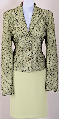 ST.JOHN Women's Tweed Green Black Trim Boucle Jacket & Skirt Sz 12- 14