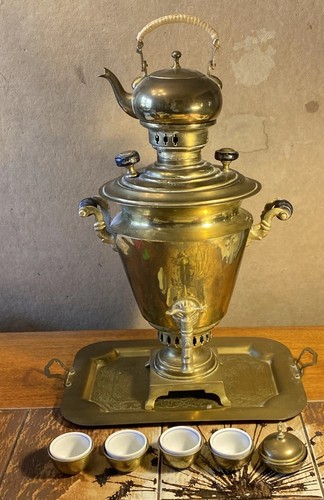 Rare Antique Late 19th Century Brass Russian Samovar Tray Teapot Teacup Set - Picture 5 of 24