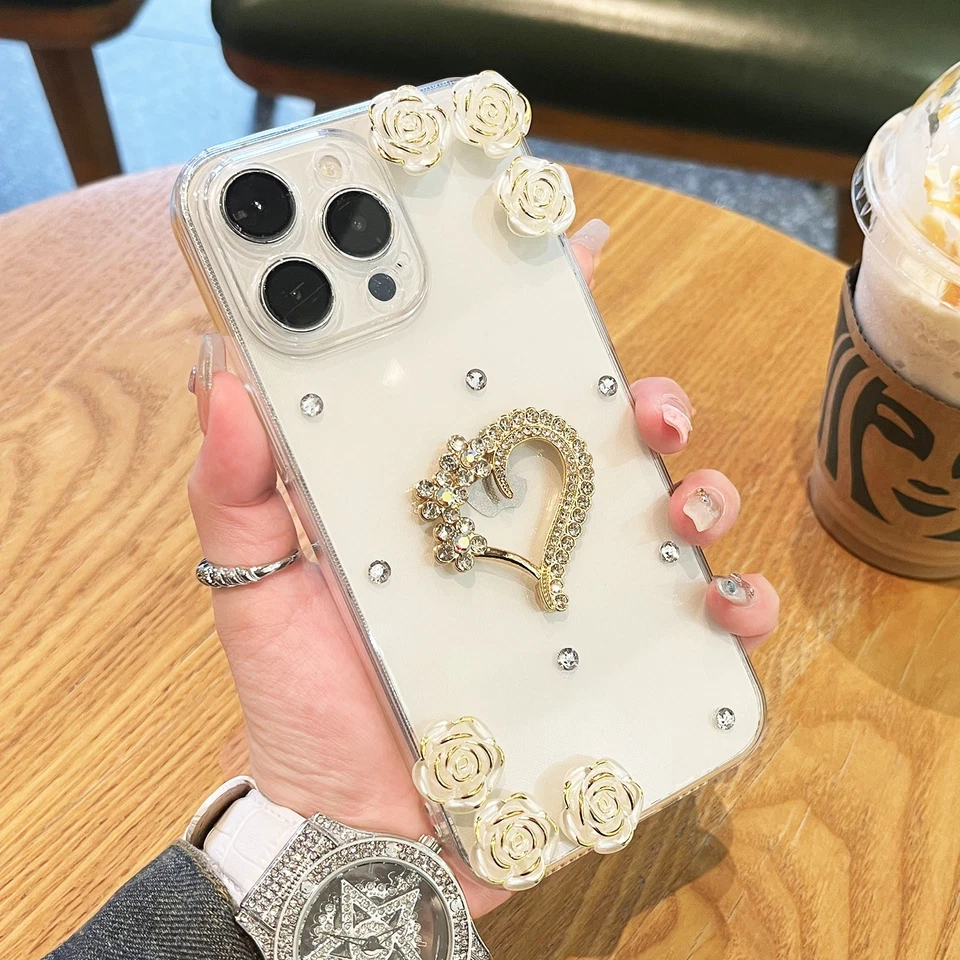 Glitter Diamond Love Rose Case For iPhone Samsung Honor Clear Phone Cover Skin - Image 4 of 4