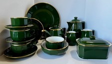 Vintage French Apilco Bistro Dinner Set Plates Cups Tea Pot Jugs Green & Gold