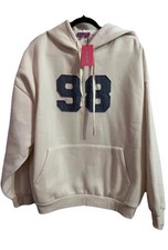 Trending Edikted 98 Oversized Hoodie Cream Blue Varsity Sweatshirt Size XL NWT