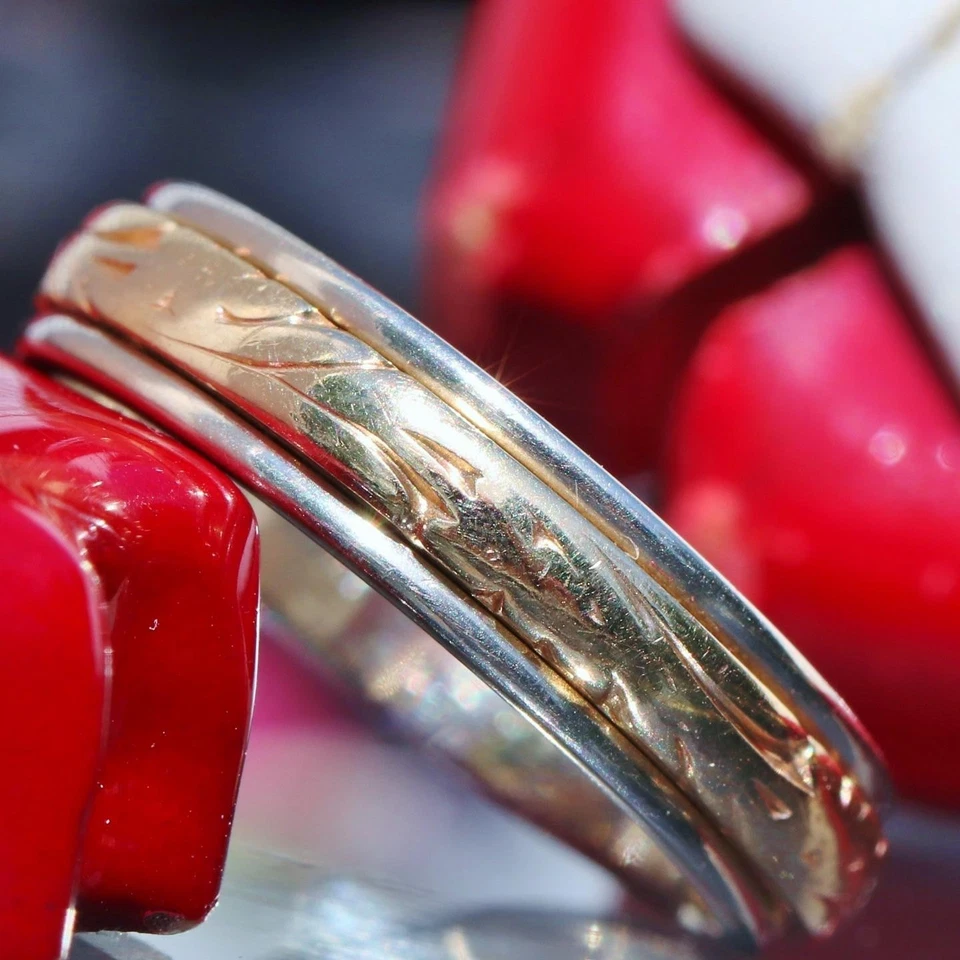 Alianza de boda oro 14k multi tono talla 6 hecha a mano antigua 4,0 g tallada en arte N3041 Foto 3 de 4