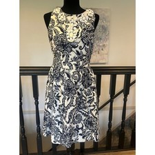 Eliza J Navy White Damask Floral Embellished Neck Fit Flare Dress Size 10