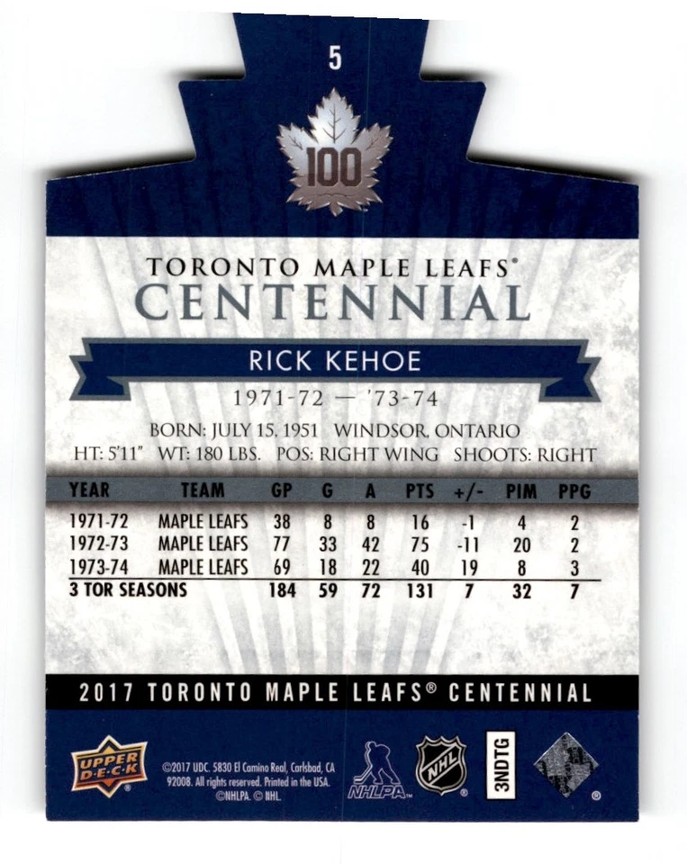 Rick Kehoe 2017-18 Upper Deck Toronto Maple Leafs Centennial Blue Die Cut #5 - Image 2 of 2