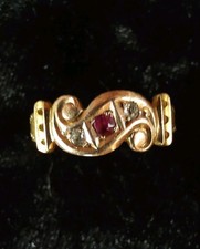 Antique 15ct Gold Ruby Diamond Ring, Victorian Scroll Band, 2.75g