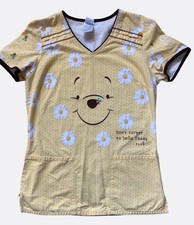 Disney Winnie The Pooh Yellow Scrub Top Floral Print Womens Size S