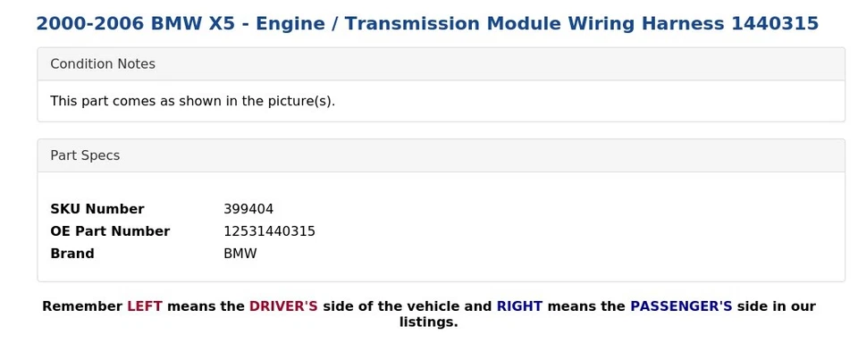 BMW X5 2000-2006 - Arnés de cableado de módulo de motor/transmisión 1440315 Foto 3 de 4