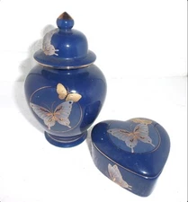 Blue porcelain lidded vase and matching heart shaped trinket dish