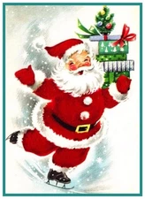 Vintage Skating Father Christmas Santa Claus 757 Counted Cross Stitch Pattern