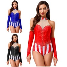 Womens Circus Lion Tamer Costume Rhinestone Striped Leotard Fingerless Gloves