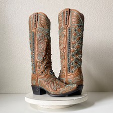 Lane X Kippys Victoria Spiked Couture Cowboy Boots 7 Brown Turquoise Swarovski