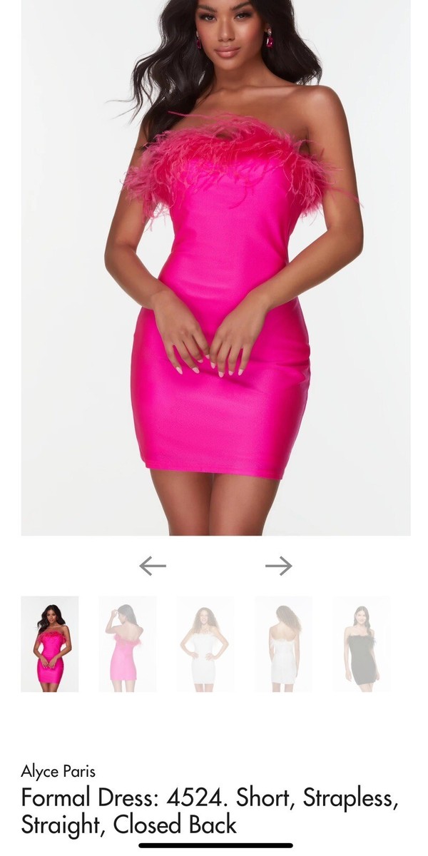 hot pink mini dress formal ALYCE Paris 4524 Fuchsia Feather Trim Strapless 4 Hoco Prom signature-woven