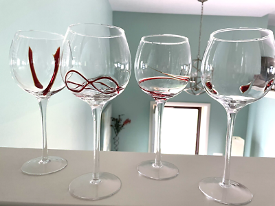 Pier 1 Imports Lot 4 Red Swirline Wine Glasses Blown Glass 16 Oz Stem Glass  | eBay