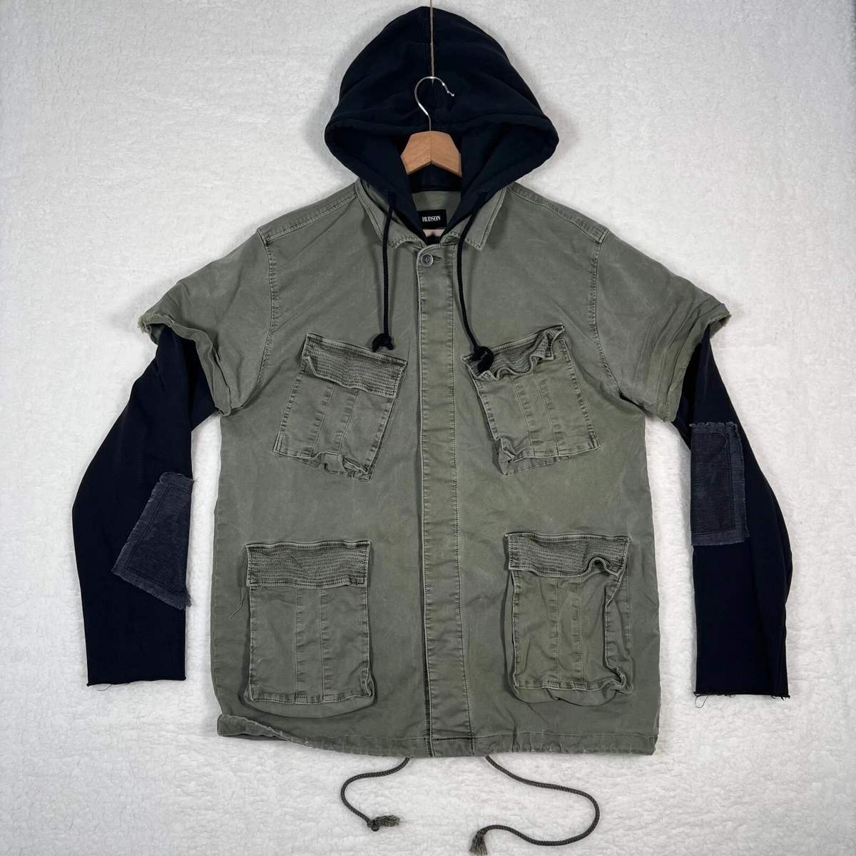 Hudson Ryker Shirt Jacket Mens XL Green Black Military Hooded Faded Distressed