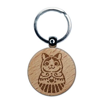 Cat Russian Nesting Doll Matroyshka Babushka Engraved Wood Round Keychain