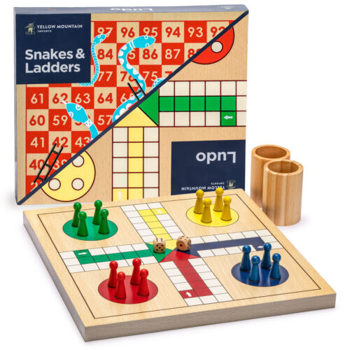 2-in-1 Reversible Wooden Snakes and Ladders, Ludo Game Set - 11.3" - Afbeelding 1 van 9