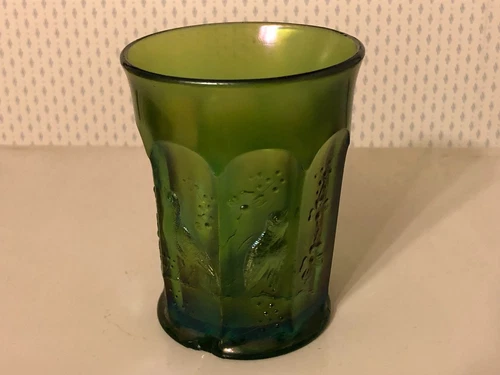 Green Carnival Glass Singing Birds Tumbler - chipped