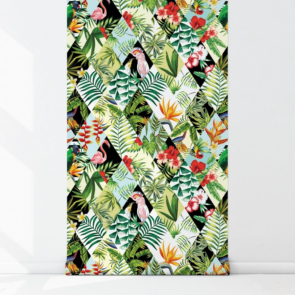 Mural tradicional acuarela papel pintado no tejido patrón colorido palmeras tropicales Foto 3 de 4
