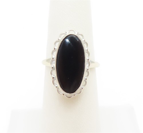 10K White Gold Oval Black Onyx Bezel Set Sculpted Ring Size 5 3/4