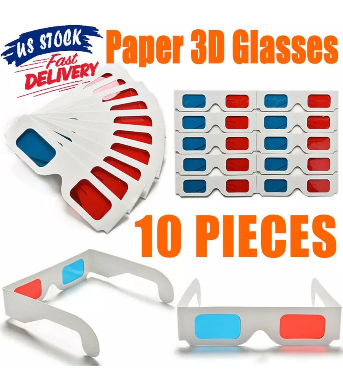 10 3D Glasses Universal Anaglyph Cardboard Paper Red Blue Cy