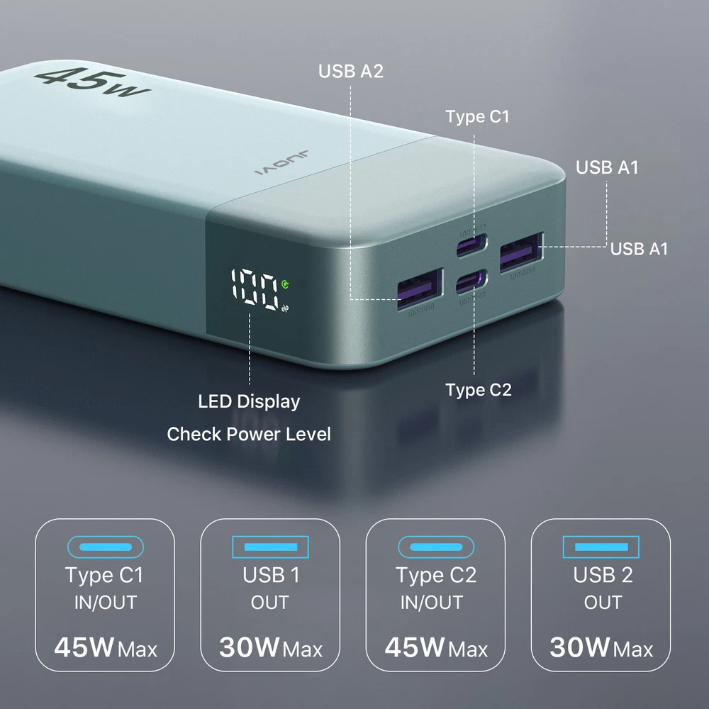 Power Bank 20000mAh 45W Portable Charger External Battery Backup For Cell Phone
