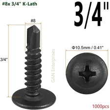 Modified Truss Head Self Drilling Screws #8 x 3/4" K-Lath self taping Black 1000