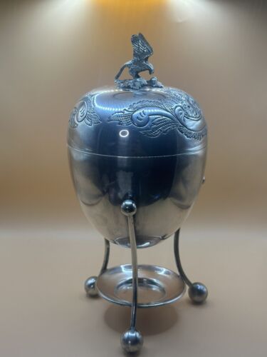ANTIQUE WALKER & HALL SILVER PLATED EGG CODDLER - 3 FEET w EAGLE ON NEST FINIAL - Picture 1 of 9