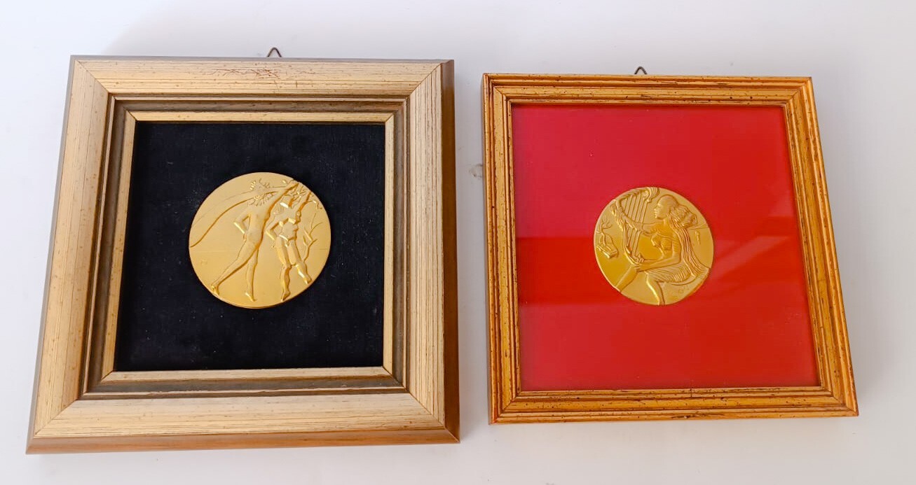 ♥ SALVADOR DALI' LA MUSICA DANZA 2 MEDAGLIE ISTITUTO GRAFICO ITALIANO BRONZO ORO
