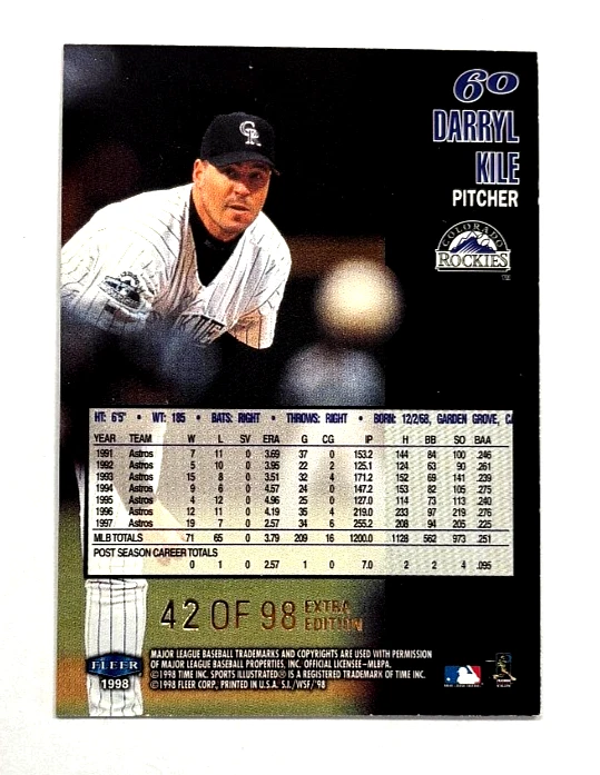 Darryl Kile 1998 Fleer Sports Illustrated World Series Fever Extra Edition 42/98 - Image 2 of 3