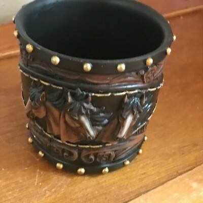 Estate Small Resin & Leather w Faux Brass Rivets Three Horses Western Cowboy 