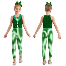 Girls Bodysuit Costume Jumpsuit Sequins Unitard Stripes Performance Competition