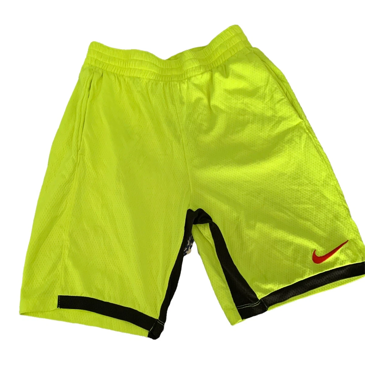 Nike Dri Fit Neon Boys Yellow Shorts Red Swoosh Size L