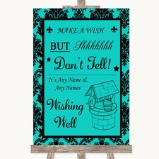 Turquoise Damask Wishing Well Message Personalised Wedding Sign