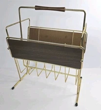 VTG Mid CENTURY WIRE Wood MAGAZINE Rack Stand EAMES ERA Gold Record MCM Organize