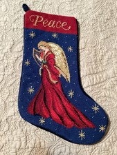 VTG Christmas Stocking Needlepoint Angel Harp Peace Petit Point Blue Velvet