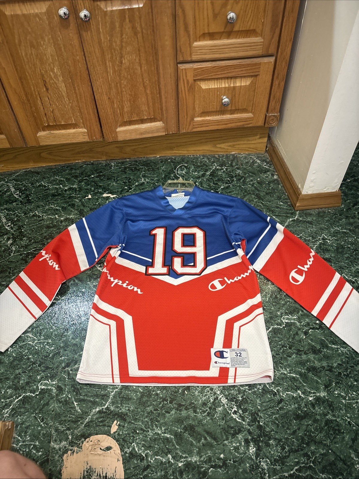 VTG Champion Hockey Jersey Mens XL All Over Print #19 Colorblock Red White Blue