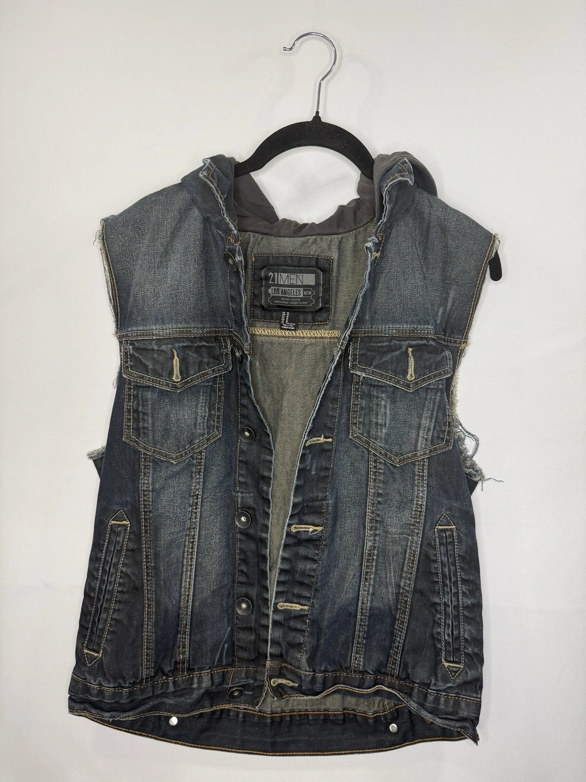 21MEN Hooded Denim Vest Mens M Distressed Y2K Grunge Skater Streetwear image 2