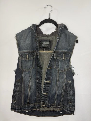 21MEN Hooded Denim Vest Mens M Distressed Y2K Grunge Skater Streetwear image 2