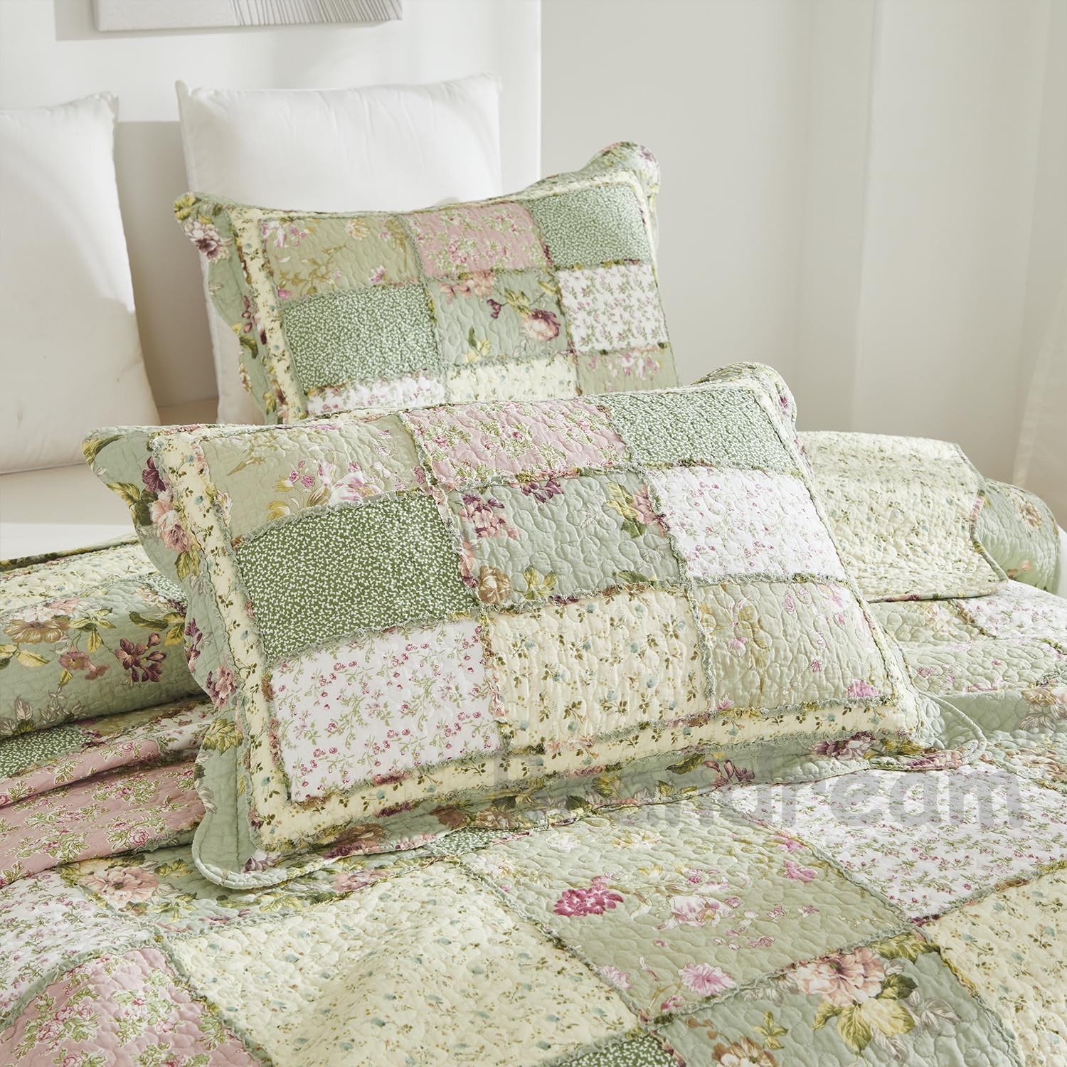 King Size Quilt Set Cotton Patchwork Quilts Green Rose Floral Quilted Comfort...