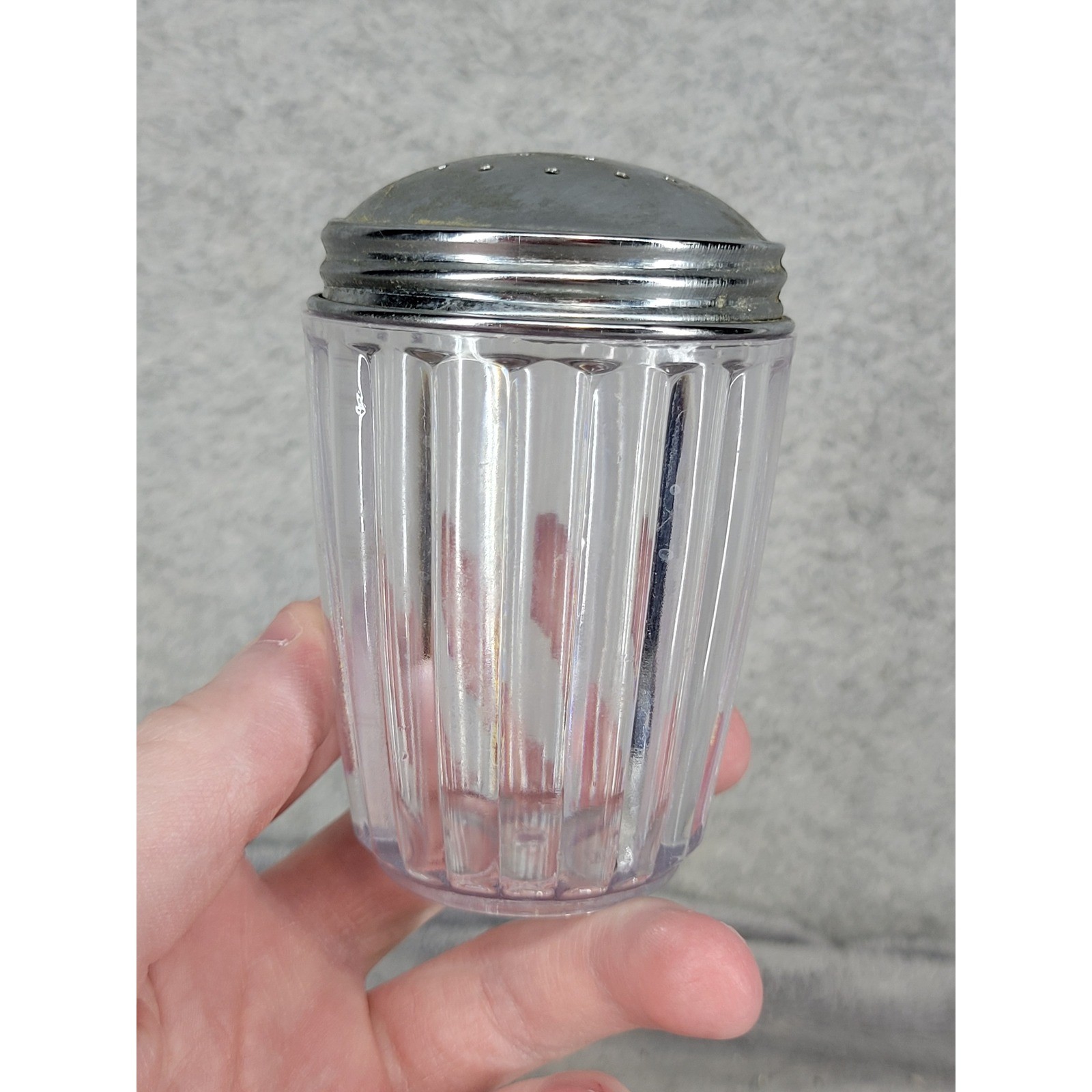 Vintage Clear Ribbed Plastic Sugar Shaker Chrome Metal Lid Retro Kitchen Diner